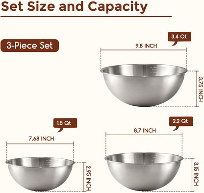 Shopnoria丨3-Piece Stainless Steel Mixing Bowl Set (1.5, 2.2 & 3.4 Qt)