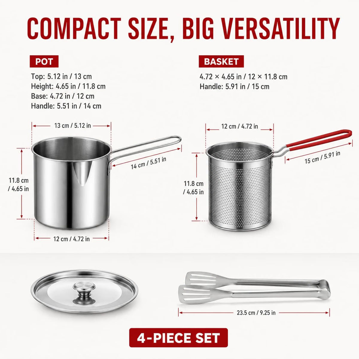Shopnoria丨4-Piece 304 Stainless Steel Mini Deep Fryer Set with Basket and Tongs