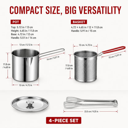Shopnoria丨4-Piece 304 Stainless Steel Mini Deep Fryer Set with Basket and Tongs