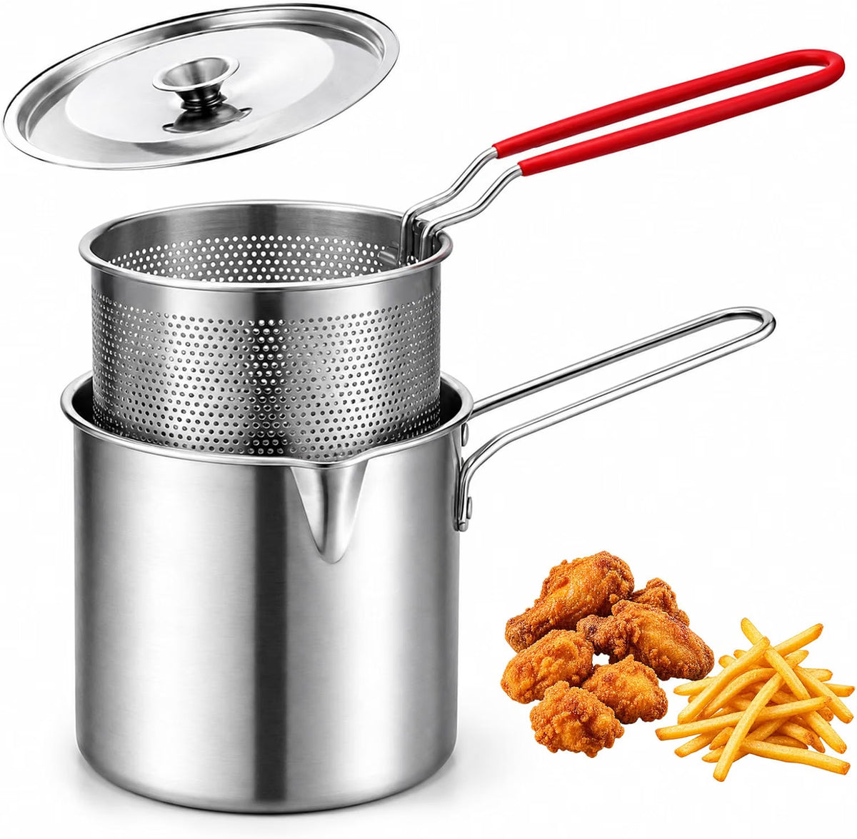Shopnoria丨4-Piece 304 Stainless Steel Mini Deep Fryer Set with Basket and Tongs