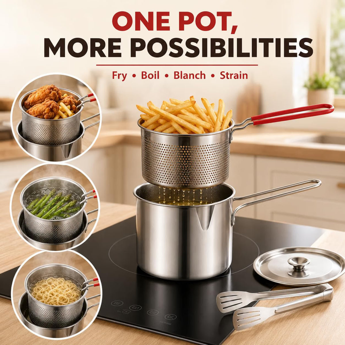 Shopnoria丨4-Piece 304 Stainless Steel Mini Deep Fryer Set with Basket and Tongs
