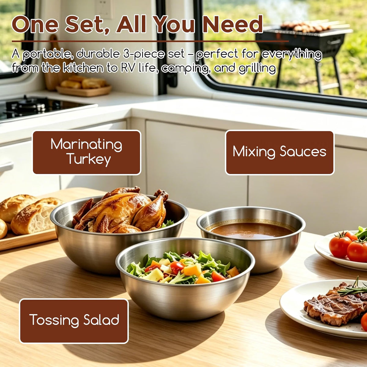Shopnoria丨3-Piece Stainless Steel Mixing Bowl Set (1.5, 2.2 & 3.4 Qt)