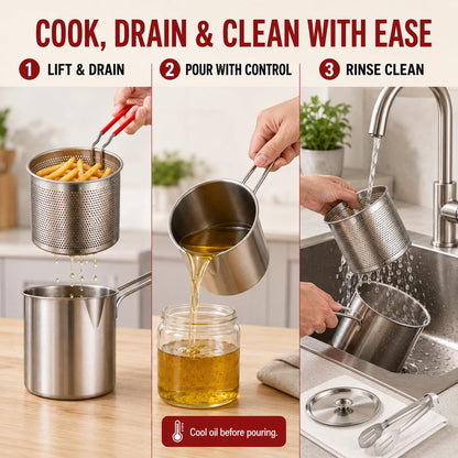 Shopnoria丨4-Piece 304 Stainless Steel Mini Deep Fryer Set with Basket and Tongs
