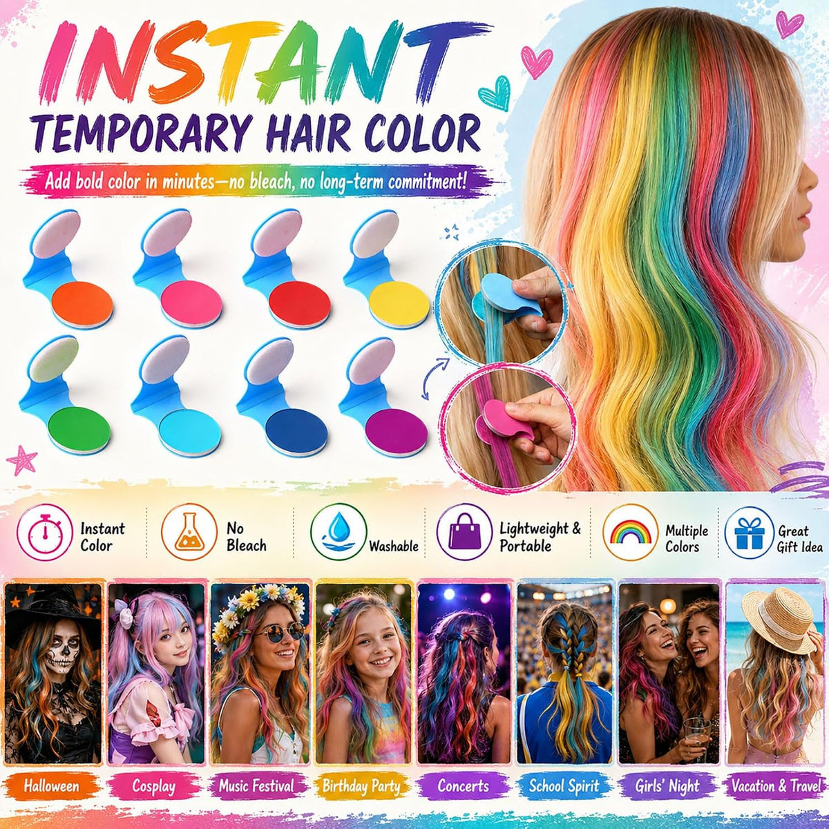 🌈 Instant Hair Color Magic – Washable Temporary Hair Chalk Set ✨