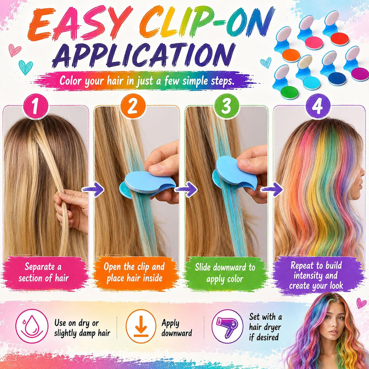 🌈 Instant Hair Color Magic – Washable Temporary Hair Chalk Set ✨