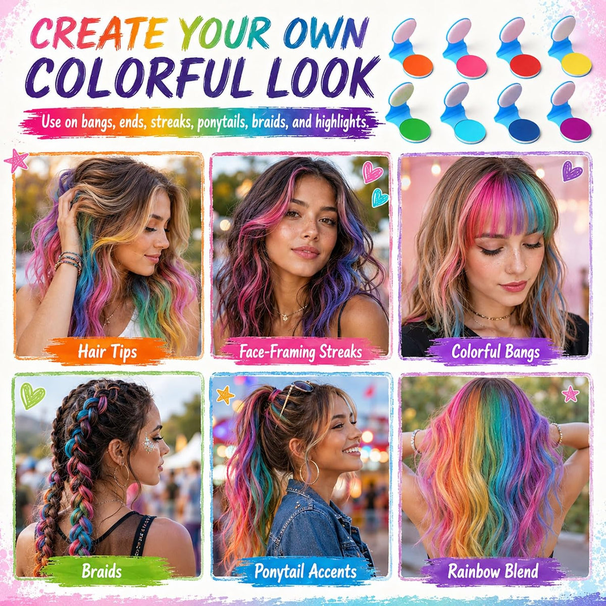 🌈 Instant Hair Color Magic – Washable Temporary Hair Chalk Set ✨